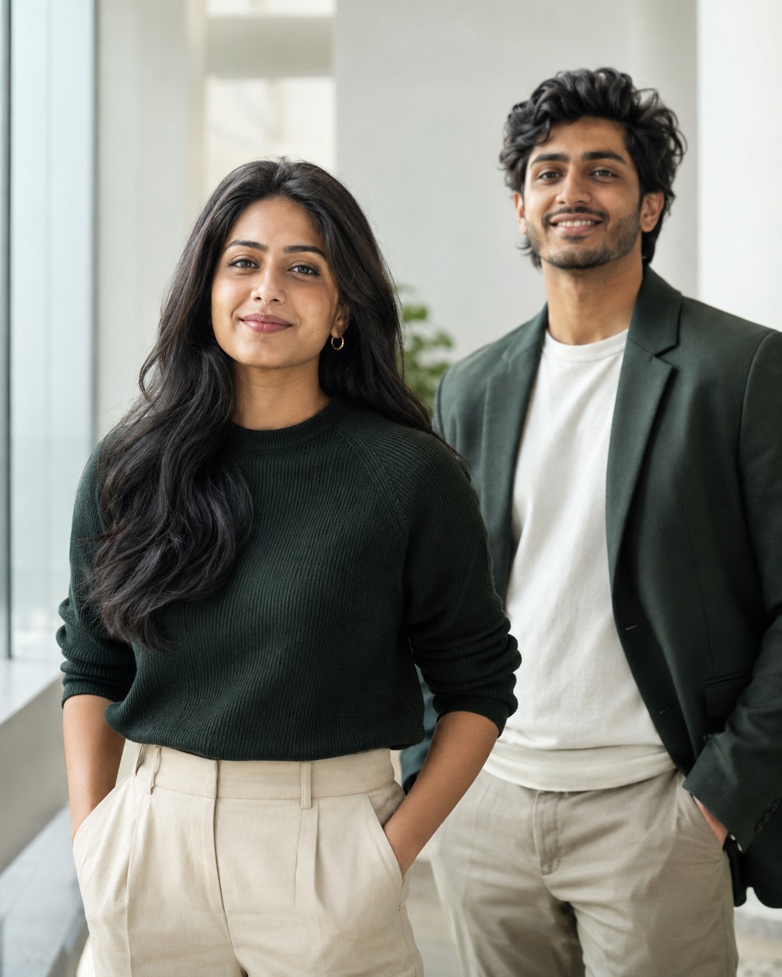 Two young professionals in a bright modern workplace